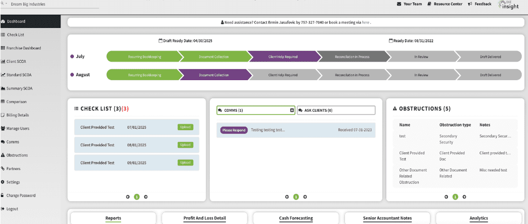 Client portal screenshot showing the Checklist Box and the Obstruction Box.