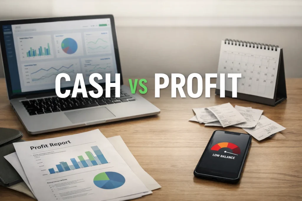 Cash vs profit desk scene with profit report, receipts, and phone showing low balance