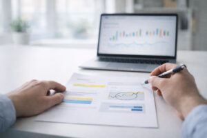 person looking down and reviewing numbers on a clean desk