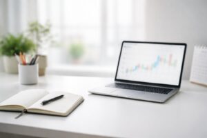 Modern workspace with laptop and notebook