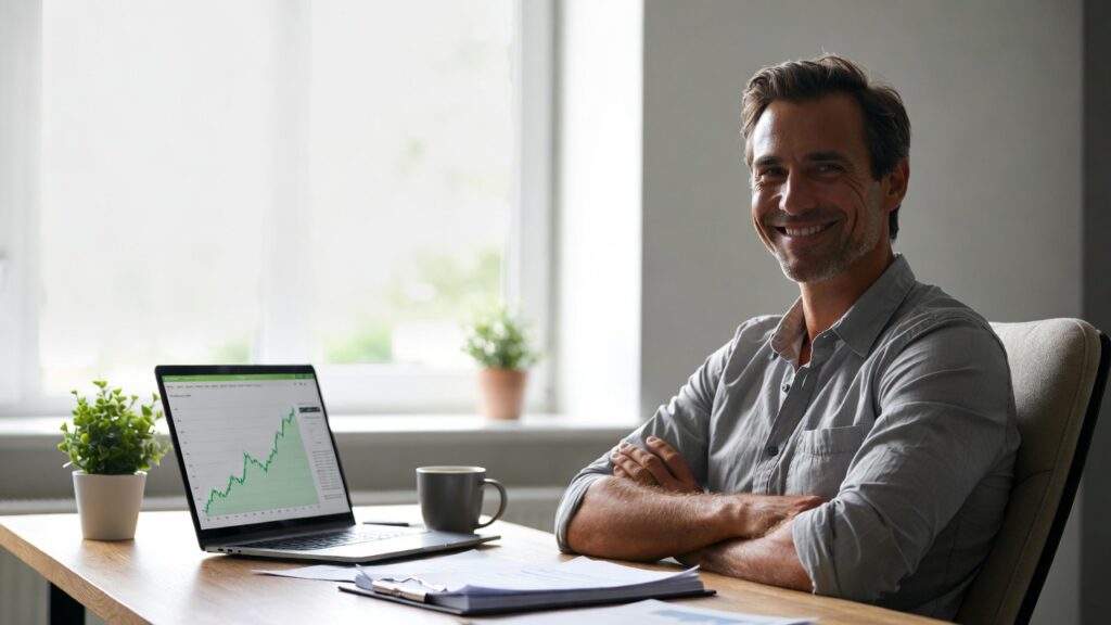 happy business owner relaxed at their desk at the end of a work day.