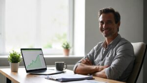 happy business owner relaxed at their desk at the end of a work day.