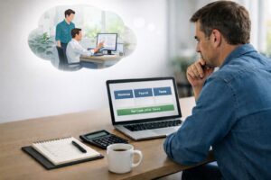 Business owner reviewing a hiring affordability dashboard on a laptop, thinking about training a new employee in the office.