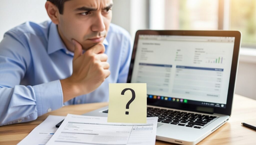 business owner staring at computer balance dashboard and thinking.