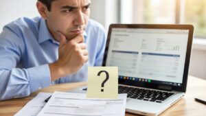 business owner staring at computer balance dashboard and thinking.