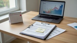 Tidy desk with financial documents, '?' sticky note, circled calendar, and blurred chart on laptop screen
