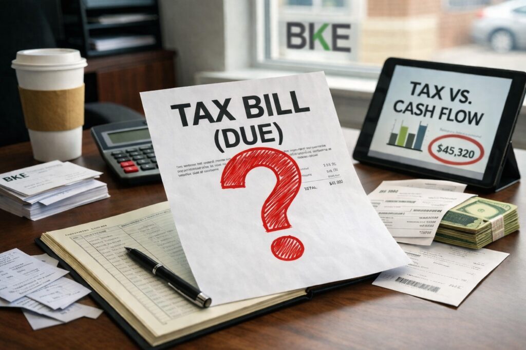 image featuring a document titled tax bill due with a large red question mark below it.
