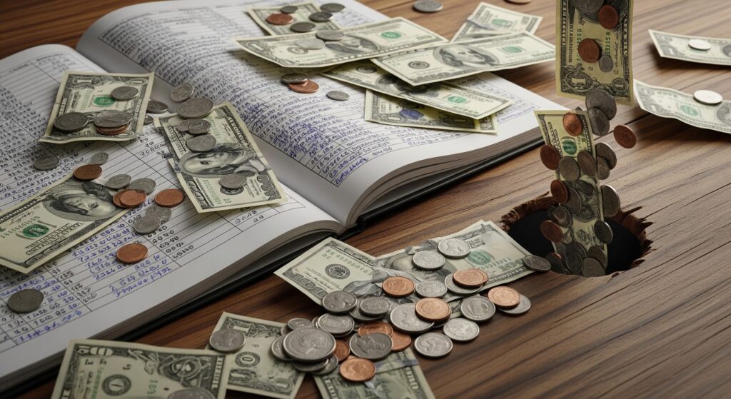 Stacks of cash and coins on a desk, representing hidden expenses and cash flow leaks in a small business.