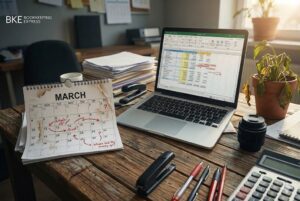 A professional small-business desk scene featuring a laptop with a financial spreadsheet and a physical calendar open to March. The calendar has red handwritten notes like "Actuals off!", "Pivot?", and "Where did the money go?", visually representing the "drift" between a January plan and springtime reality. A calculator, pens, and organized files sit on the dark wood surface in a warm, natural light setting.