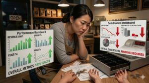 A woman sitting at a desk looking concerned while reviewing financial charts and a "Cash vs Profit" document on a laptop and tablet.
