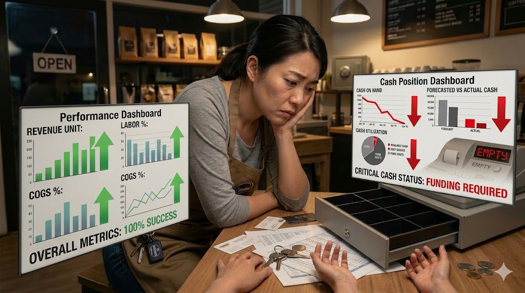 A woman sitting at a desk looking concerned while reviewing financial charts and a "Cash vs Profit" document on a laptop and tablet.